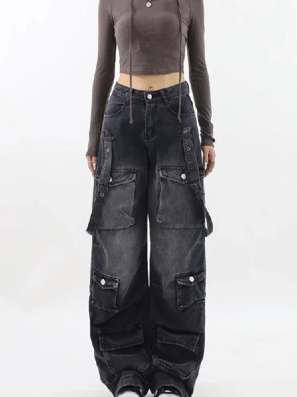 Y2K Belted Dark Wash Cargo Jeans Comfortable Ankle Jeans