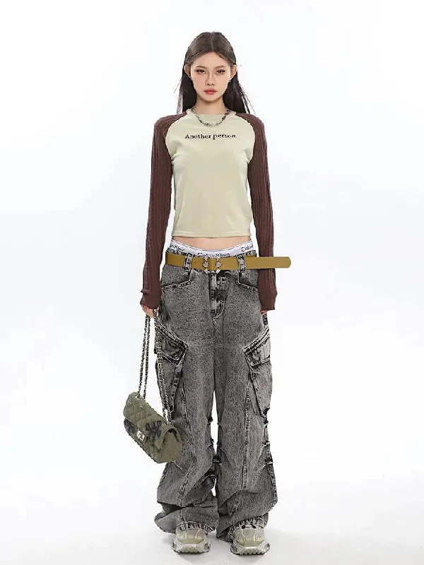 Y2K Distressed Big Pockets Cargo Jeans Fashionable White Denim Jeans