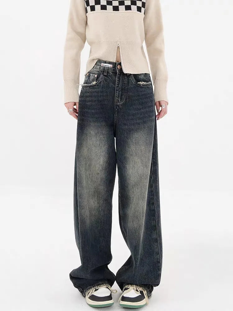 Y2K Distressed Pocket Wide Leg Jeans Stylish Cargo Style Jeans