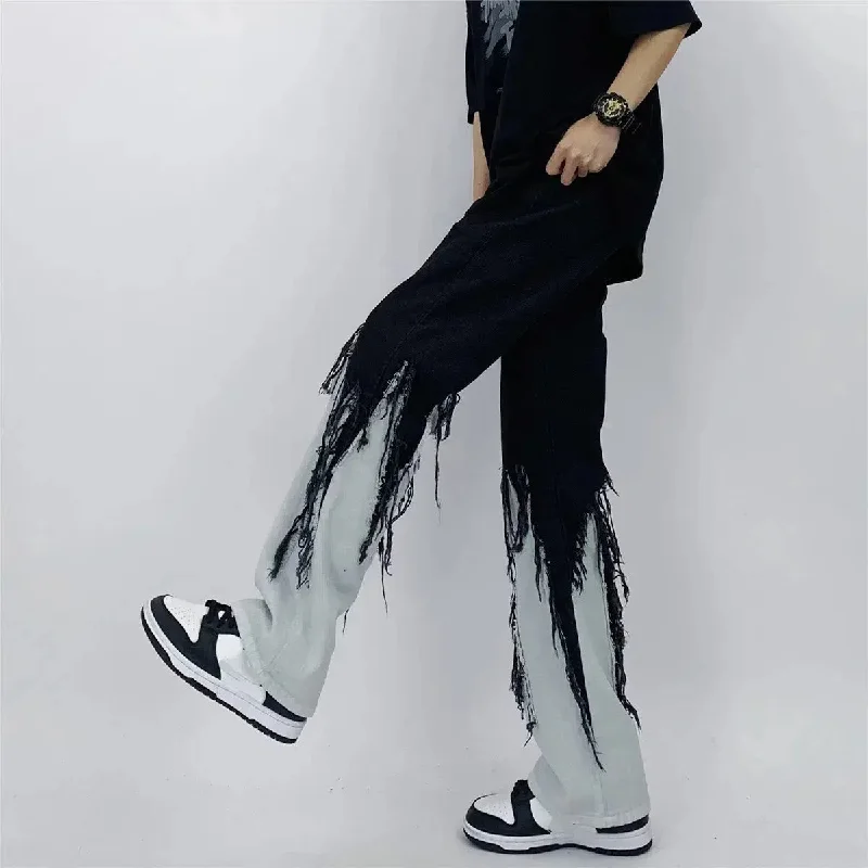 Y2K Grunge Fringed Straight Leg Jeans Stylish High-Rise Mom Jeans