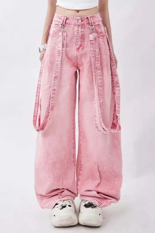 Y2K Soft Girl Double Belted Baggy Jeans Chic Faded Blue Jeans