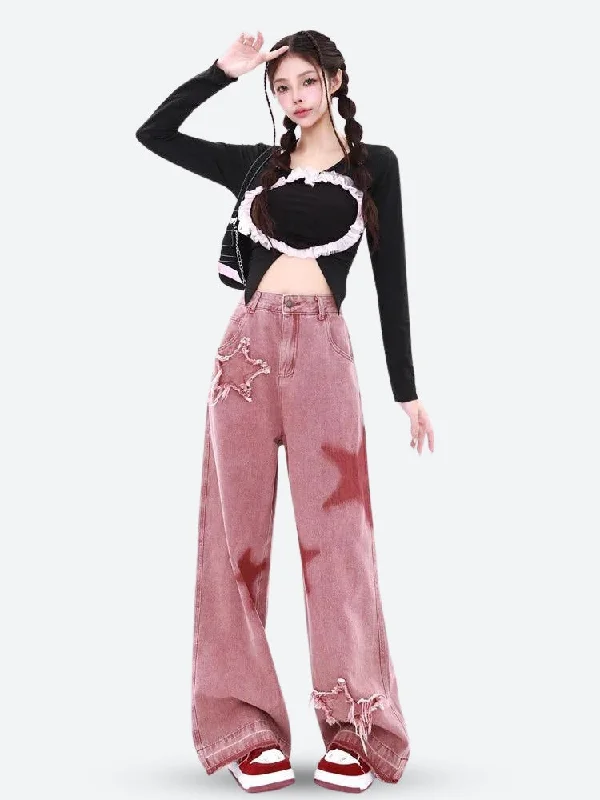 Y2K Star Denim Jeans Stylish Bootcut Denim Jeans