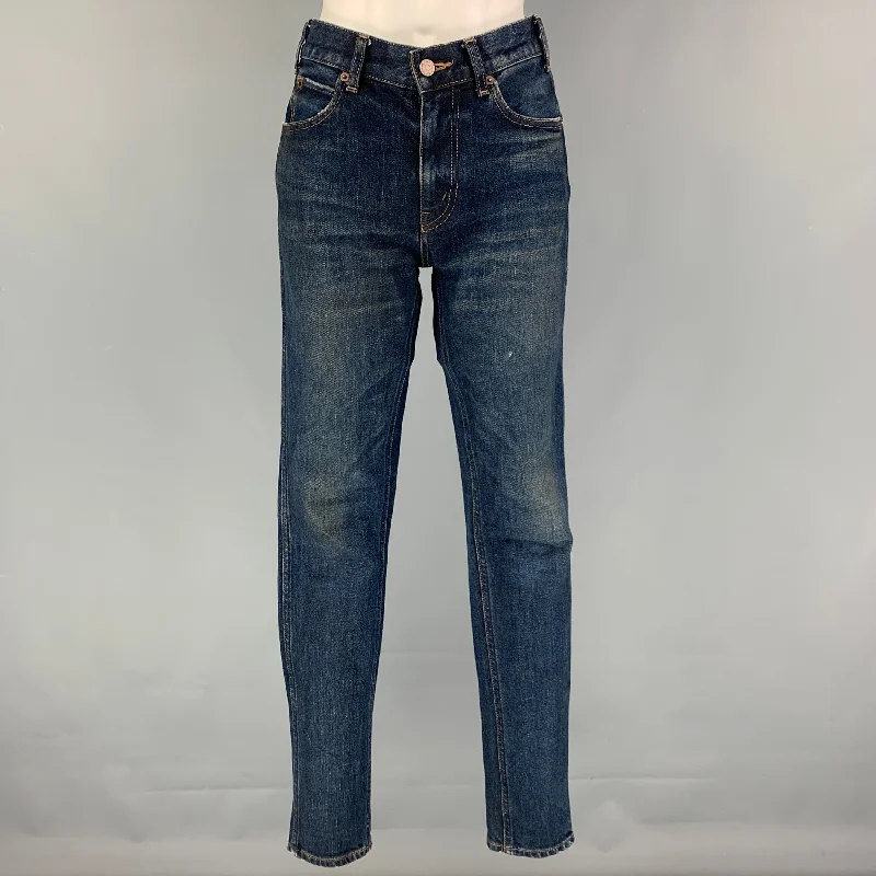 CELINE Size 26 Dark Blue Cotton Slim Patch Jeans Casual Straight-Leg Jeans