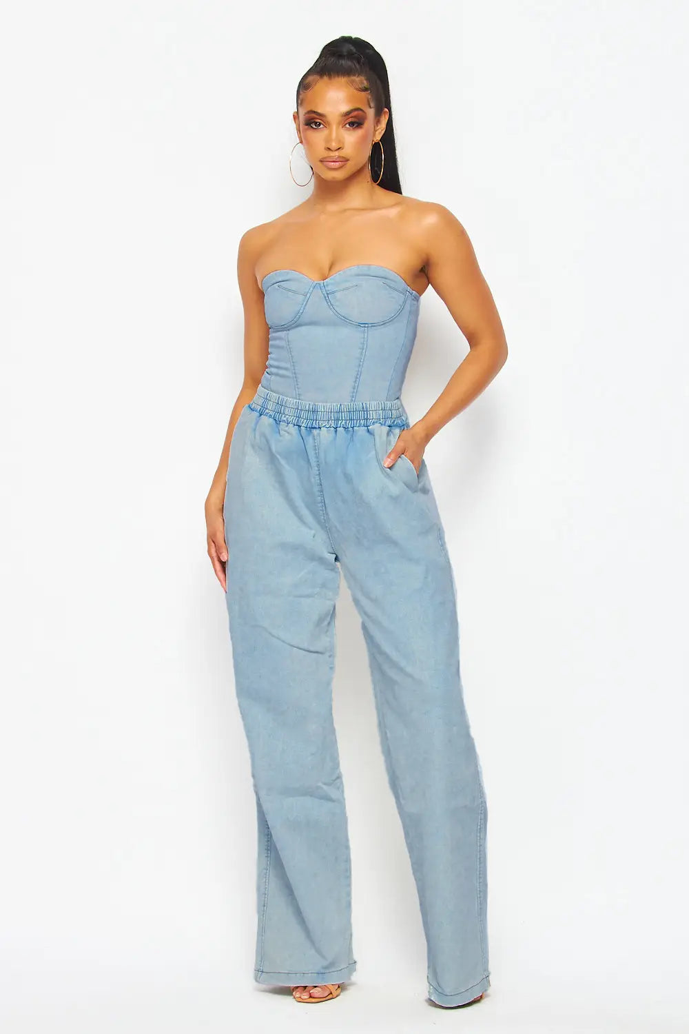 DENIM BUSTIER TOP AND JEANS Trendy Cut-Off Denim Shorts