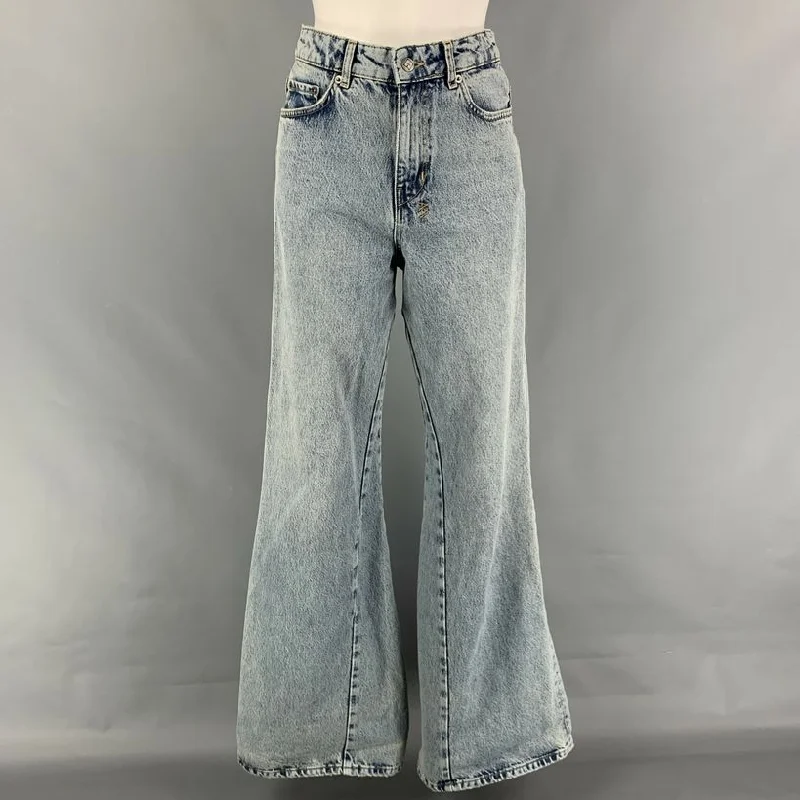 KSUBI Size 26 Light Blue Cotton Contrast Stitch Bell Bottom Kicker Jinx Jeans Cozy Wide-Legged Jeans KSUBI Size 26 Light Blue Cotton Contrast Stitch Bell Bottom Kicker Jinx Jeans Cozy Wide-Legged Jeans