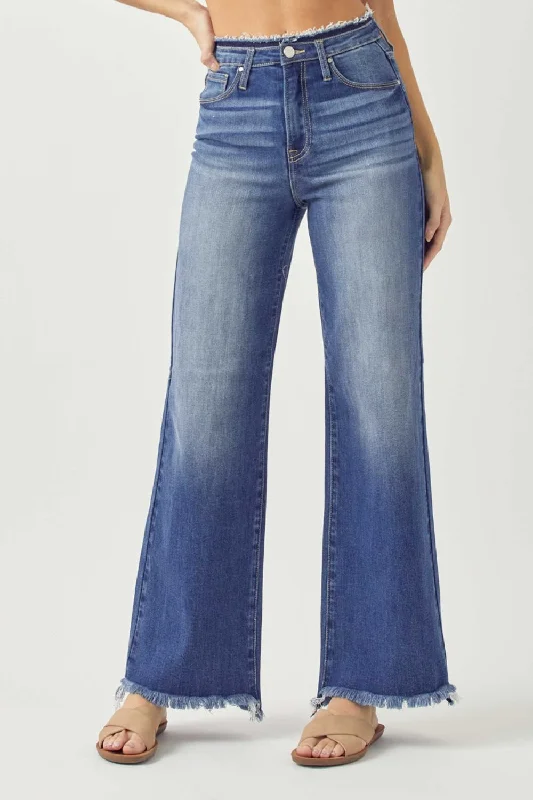 RISEN High Waist Raw Hem Wide Leg Jeans Casual Light Wash Jeans