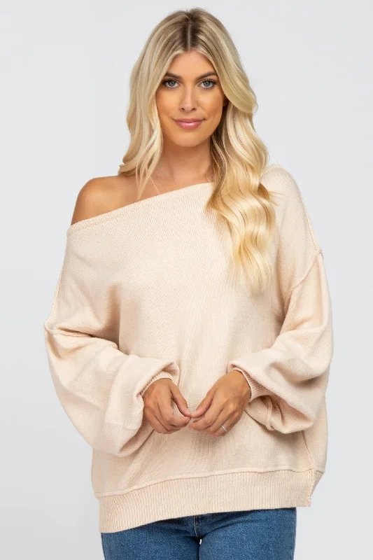 Beige Boat Neck Bubble Sleeve Sweater High Neck Crew Neck V-Neck