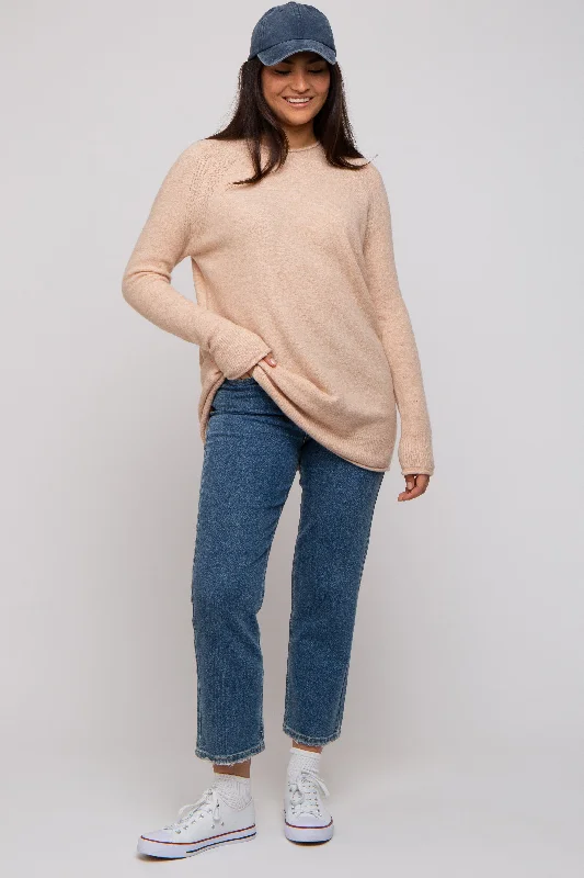 Beige Brushed Knit Sweater Real Fur Shearling Chenille