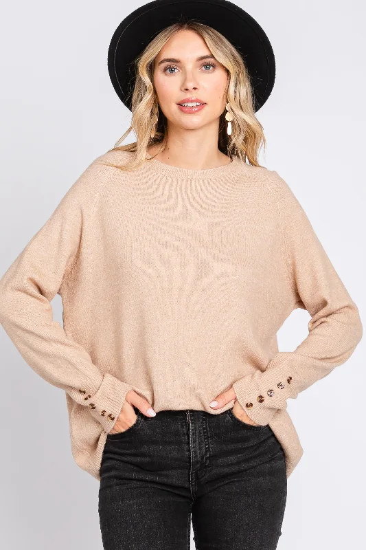 Beige Button Accent Solid Sweater Knit Fabric Woven Fabric Fleece Fabric