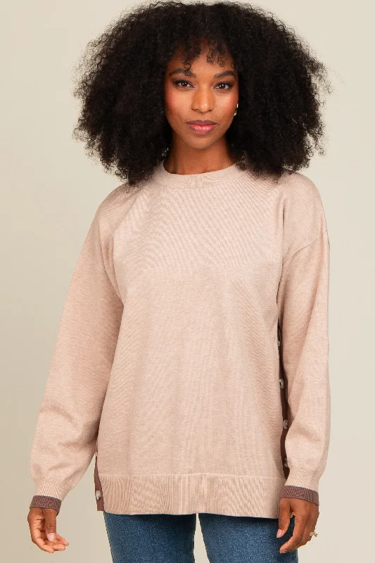 Beige Button Up Side Detail Sweater Slim Fit Regular Fit Oversized