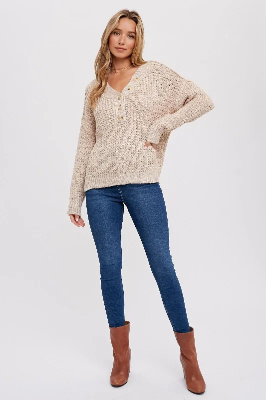 Beige Chunky Knit Button V-Neck Sweater Stretchy Elastic Breathable