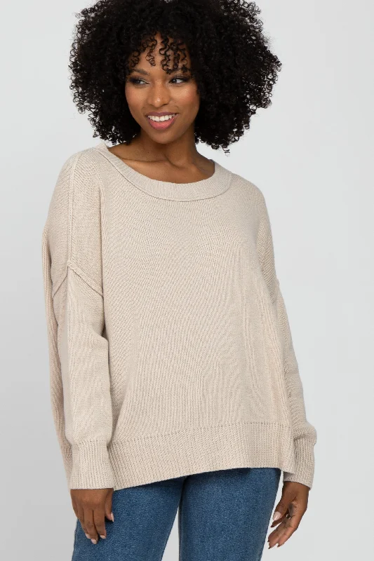 Beige Exposed Seam Side Slit Sweater Houndstooth Herringbone Solid