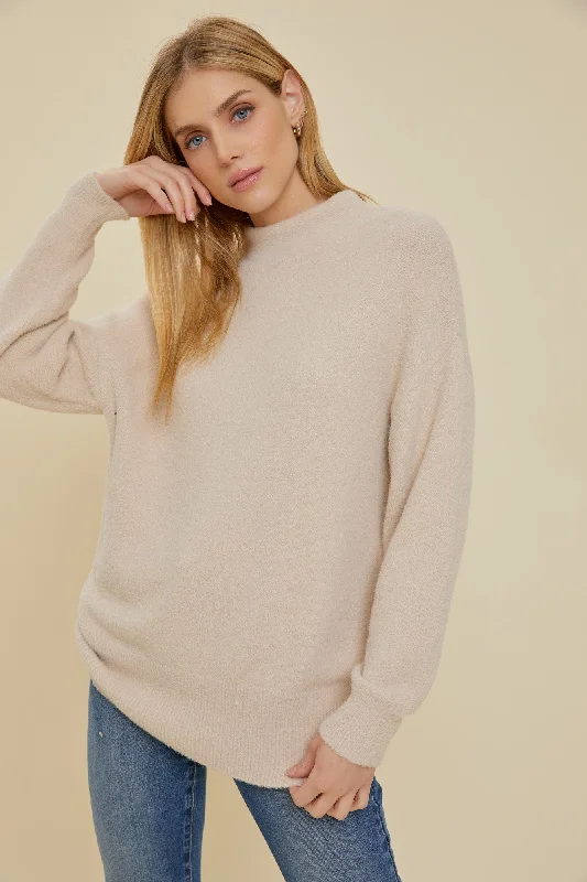 Beige Fuzzy Knit Mock Neck Sweater Soft Cozy Warm