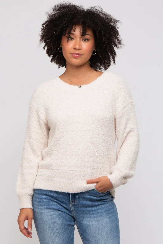 Beige Fuzzy Soft Knit Sweater Embroidered Appliqued Beaded