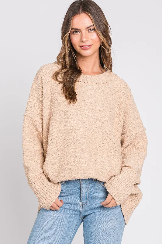 Beige Knit Exposed Seam Sweater Hooded Sweater Collared Sweater Shawl Collar