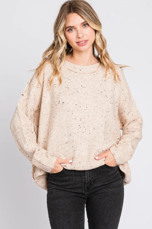 Beige Speckled Knit Sweater Handmade Hand-knitted Hand-woven