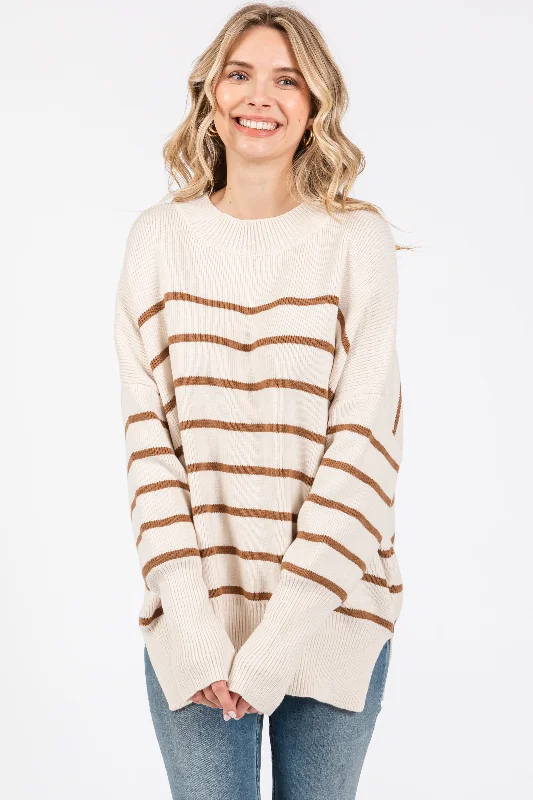 Beige Striped Drop Shoulder Sweater Striped Floral Plaid