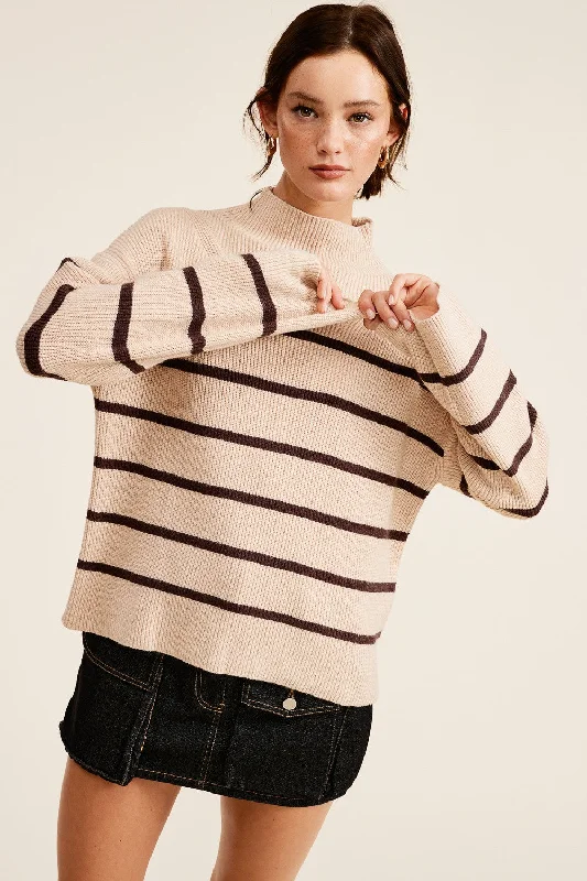 Beige Striped Mock Neck Sweater Soft Cozy Warm
