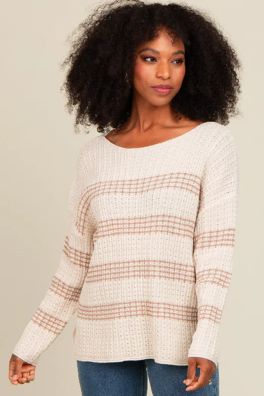 Beige Striped Waffle Knit Sweater Hooded Sweater Collared Sweater Shawl Collar