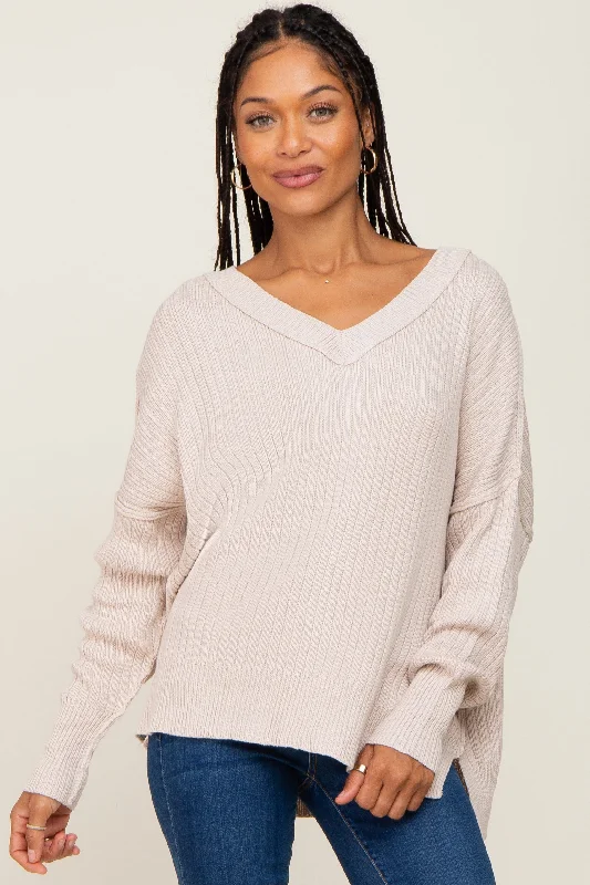 Beige V-Neck Oversized Sweater Elegant Classic Vintage