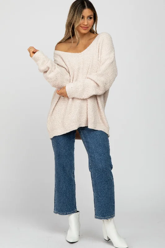 Beige V-Neck Soft Sweater Chenille Blend Fleece Blend Nylon Blend