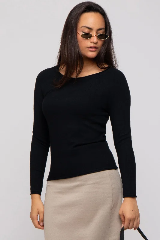 Black Basic Raglan Sleeve Sweater Top Silk Blend Satin Velvet