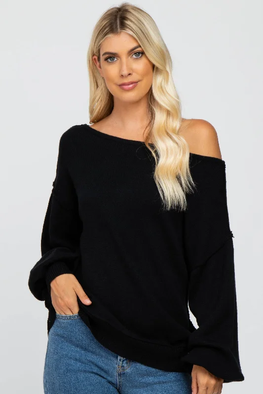 Black Boat Neck Bubble Sleeve Sweater Nylon Fabric Polyester Fabric Spandex Fabric