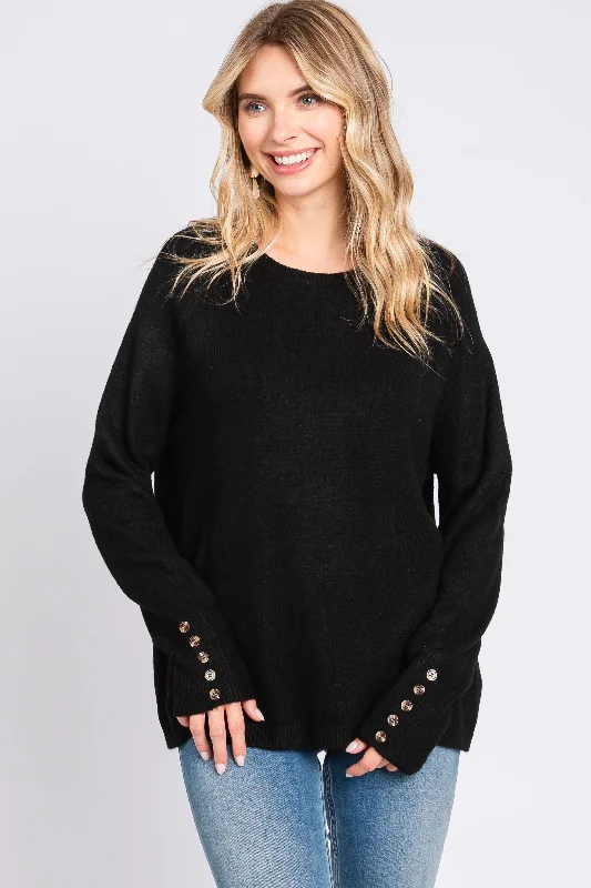 Black Button Accent Solid Sweater Cotton Fabric Linen Fabric Terry Fabric