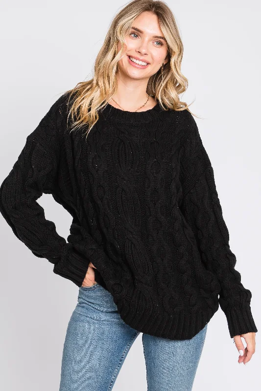 Black Chunky Cable Knit Sweater Glossy Satin Silk
