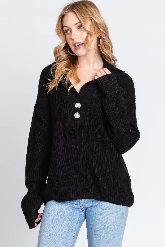Black Chunky Knit Front Button Sweater Welt Pockets Slit Pockets Flap Pockets
