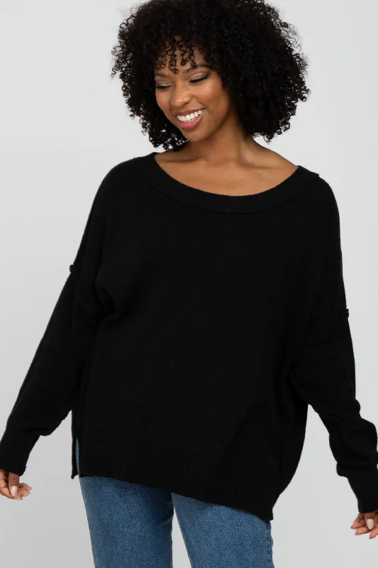 Black Exposed Seam Side Slit Sweater Hooded Caped Shawl Collar