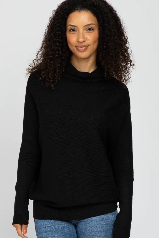 Black Funnel Neck Dolman Sleeve Sweater Denim Fabric Leather Fabric Suede Fabric