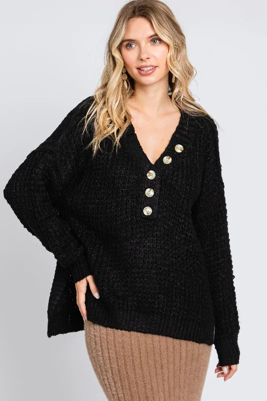 Black Henley Side Slit Sweater Boat Neck Shawl Collar Notched Collar