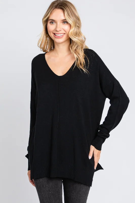 Black Long Sleeve Side Slit Sweater Elasticated Padded Insulated