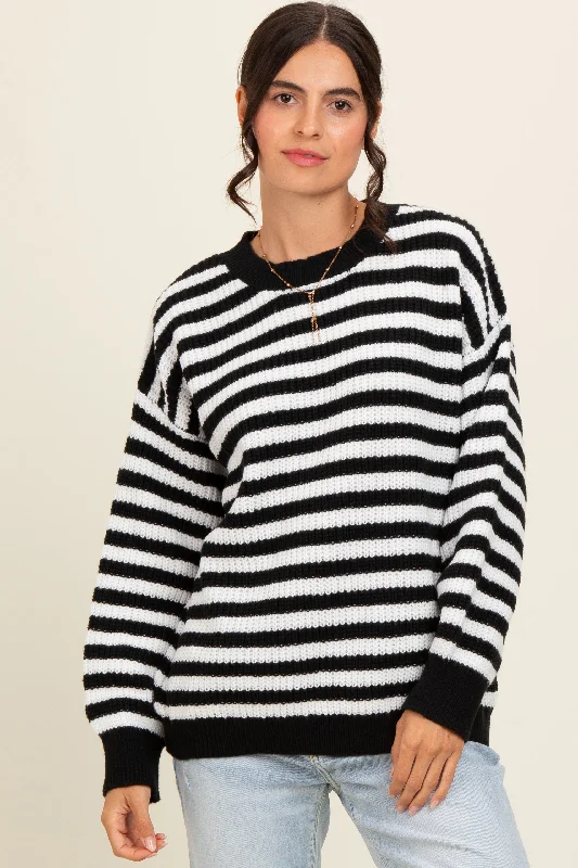 Black Striped Crew Neck Sweater Mesh Fabric Canvas Fabric Denim Fabric