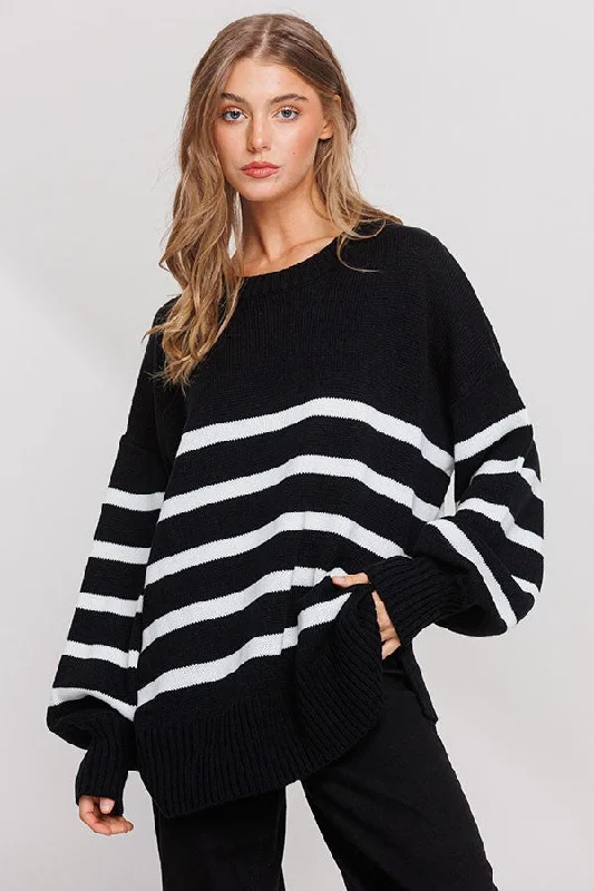 Black Striped Oversized Side Slit Sweater Polka Dot Checkered Tartan