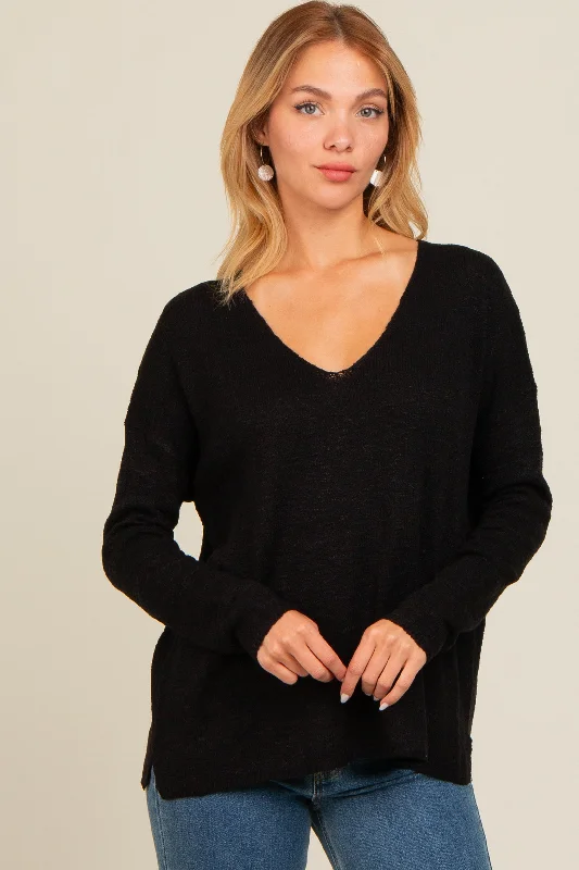 Black V-Neck Basic Sweater Elegant Classic Vintage