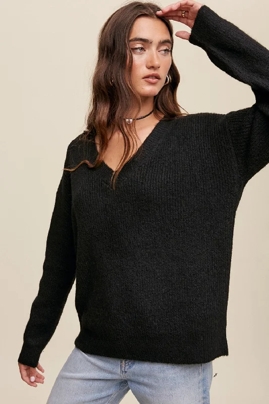Black V-Neck Relaxed Fit Sweater Faux Fur Fabric Real Fur Fabric Shearling Fabric