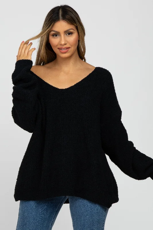 Black V-Neck Soft Sweater Spandex Blend Rayon Blend Denim Blend
