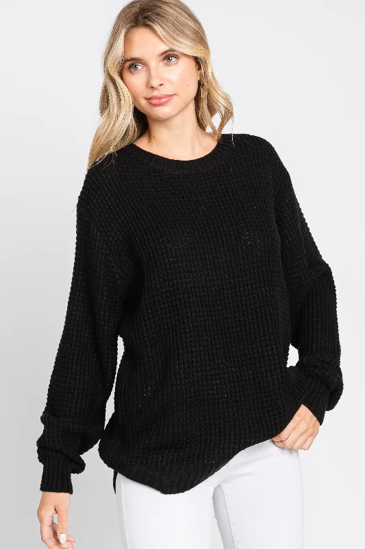 Black Waffle Knit Round Hem Sweater Spandex Blend Rayon Blend Denim Blend