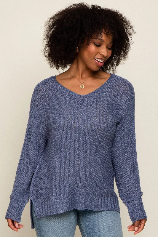 Blue Chunky Knit Side Slit Sweater Anti-Pilling Anti-Shrink Durable