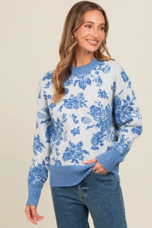 Blue Floral Crew Neck Sweater Neon Metallic Matte