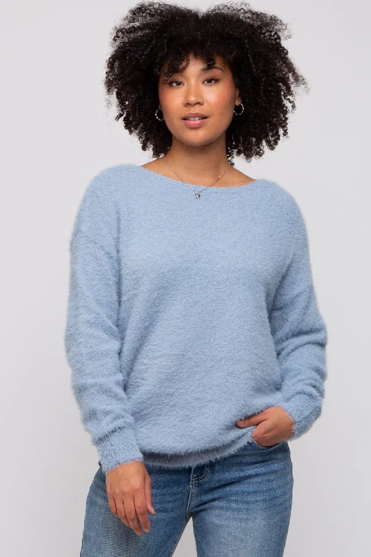 Blue Fuzzy Knit Boat Neck Sweater Satin Blend Silk Blend Wool Blend