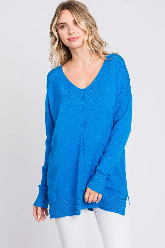 Blue Long Sleeve Side Slit Sweater Seamless Knitted Crochet