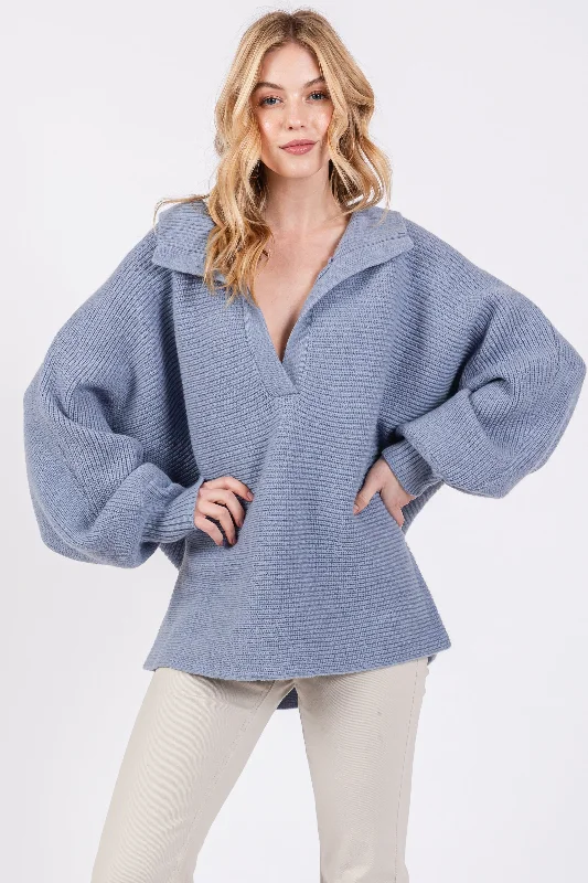 Blue Oversize Collared Knit Sweater Lace Blend Ribbed Blend Corduroy Blend