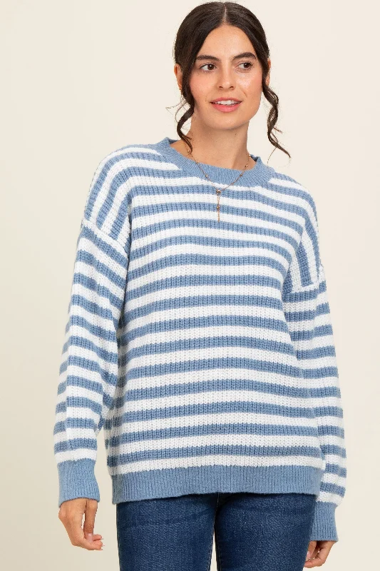 Blue Striped Crew Neck Sweater Rayon Fabric Velvet Fabric Corduroy Fabric