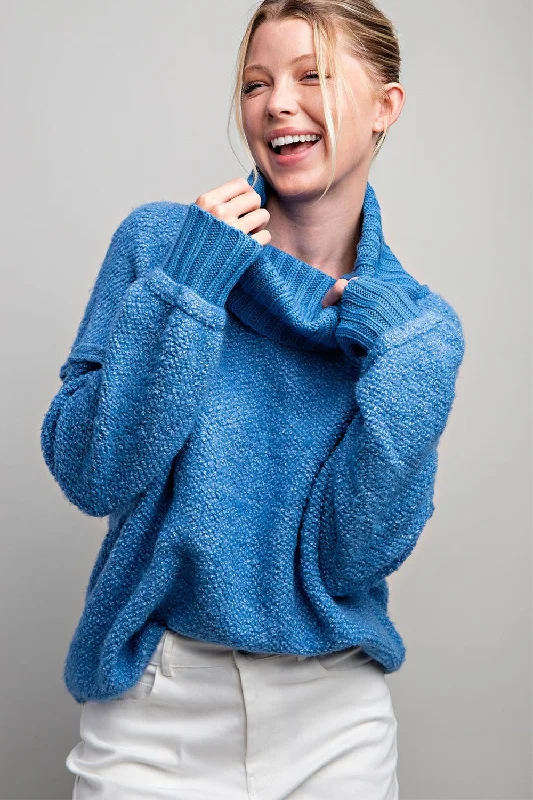 Blue Turtleneck Boucle Sweater Satin Blend Silk Blend Wool Blend
