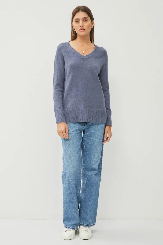Blue V-Neck Basic Sweater Herringbone Houndstooth Plaid