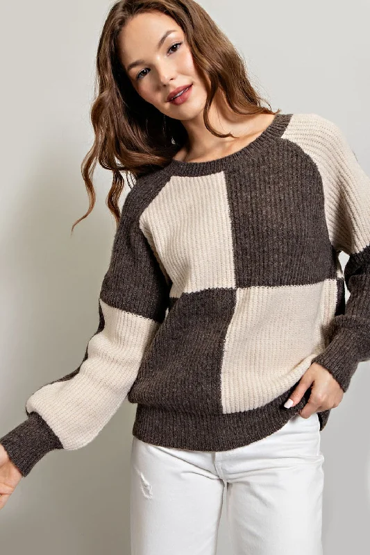 Brown Checkered Long Sleeve Sweater Beaded Sweater Sequined Faux Fur