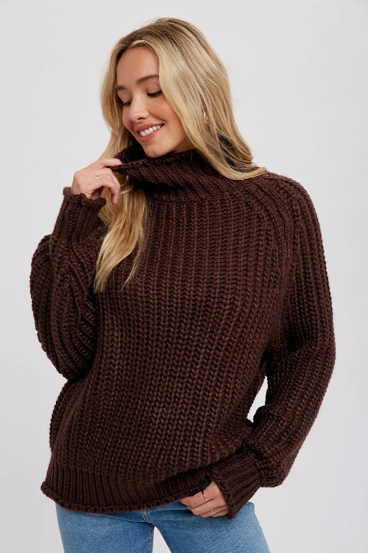 Brown Chunky Knit Mock Neck Sweater Chenille Blend Fleece Blend Nylon Blend